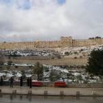 Вид на город с Елеонской горы из Гефсиманского сада. Через эти ворота в стене, которые сейчас забиты, входил на ослике наш Господь в вербное Воскресенье